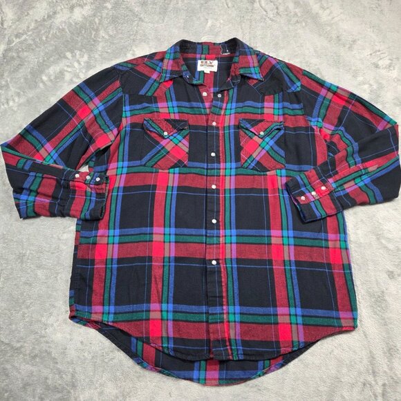 Ely Cattleman Shirt Mens Large Black Red Green Blue Pearl Snap Flannel Button Up - Picture 1 of 7
